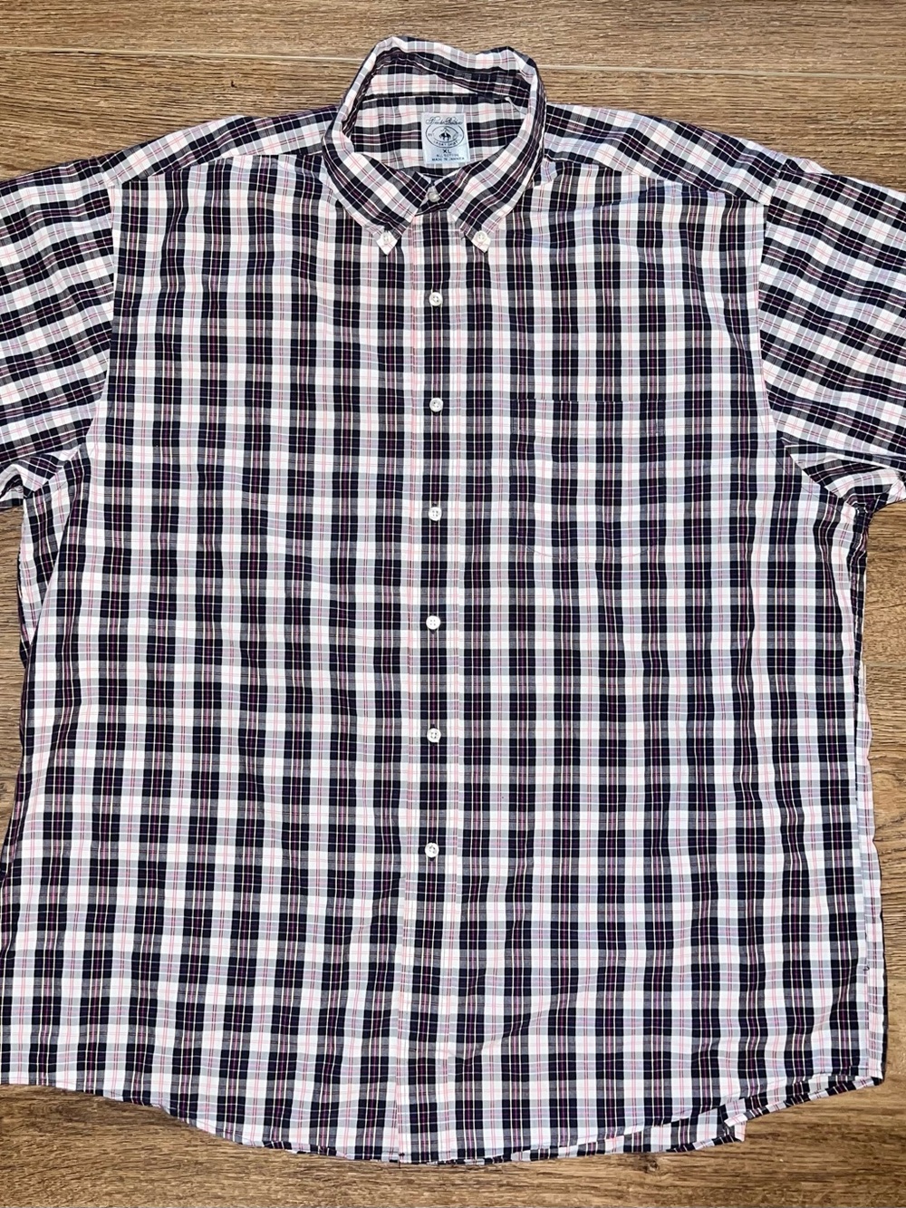 Brooks Brothers Short-Sleeve Button-Down Plaid Shirt - Navy, White & Pink